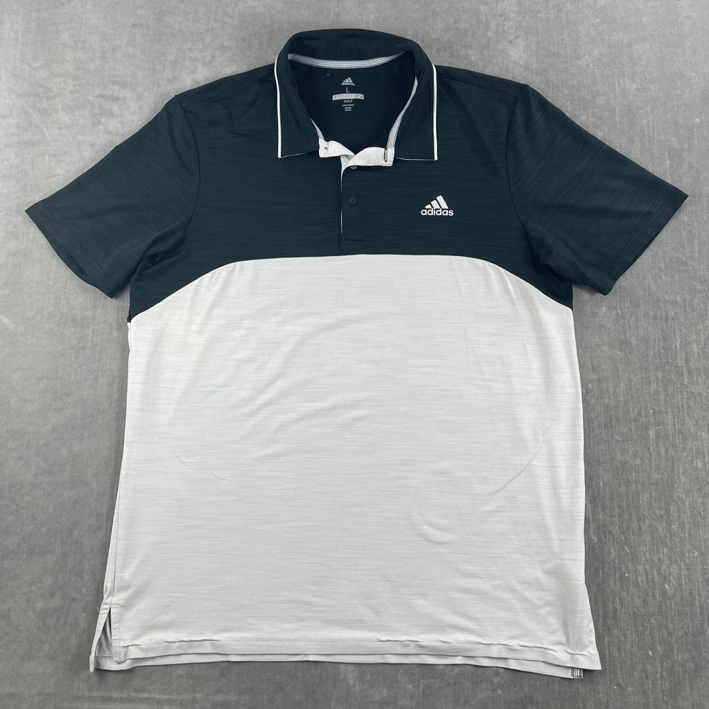 Adidas Mens Large Gray Colorblock Golf Polo Shirt Performance Short Sleeve